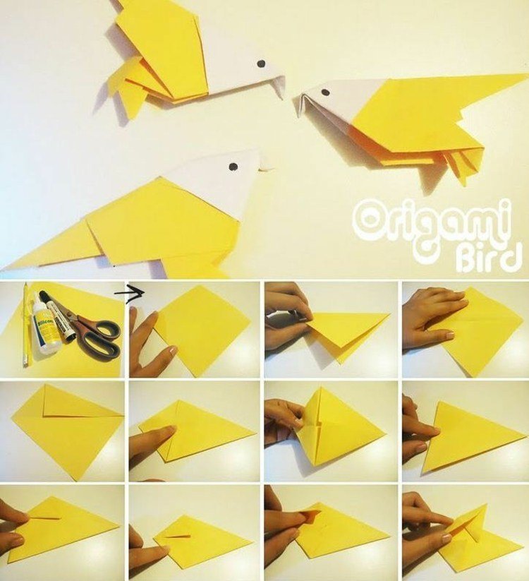origami zvieratá drotár vták pokyny žlté deti dospelí