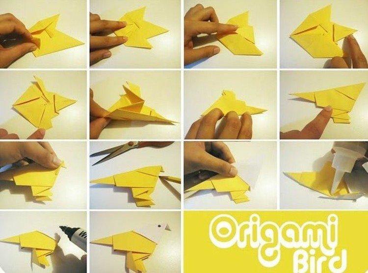 origami zvieratá drotár vták jednoduchý návod žltý papier