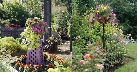 Výsadba závesných košov nápady záhradný dizajn moria kvetov