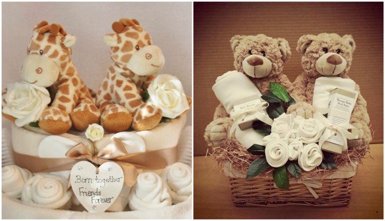 darčeky-dvojičky-pôrodná-plienková-torta-rodovo neutrálna-žirafa-medvede