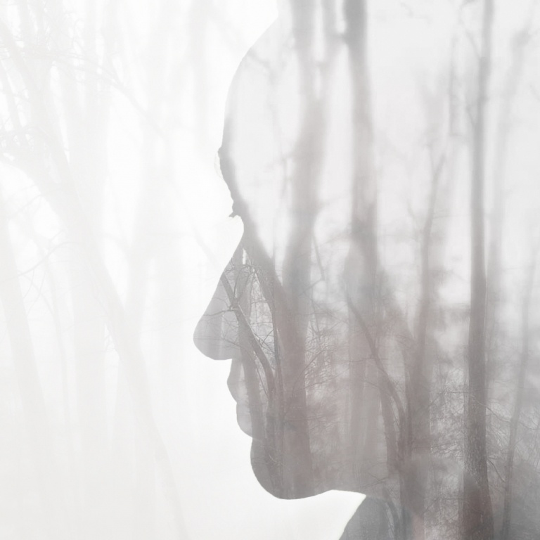 Romantický nápad s tvárou a stromami z lesa na svadobnú fotografiu nevesty