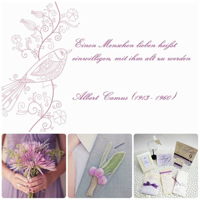 Známe básnické svadobné verše a porekadlá Fialová svadobná karta s fialovým vtákom