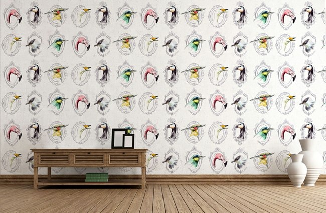 Tapeta s motívom vtákov obývačka ružová Tapeta obývacia izba ružový zelený žltý plameniak