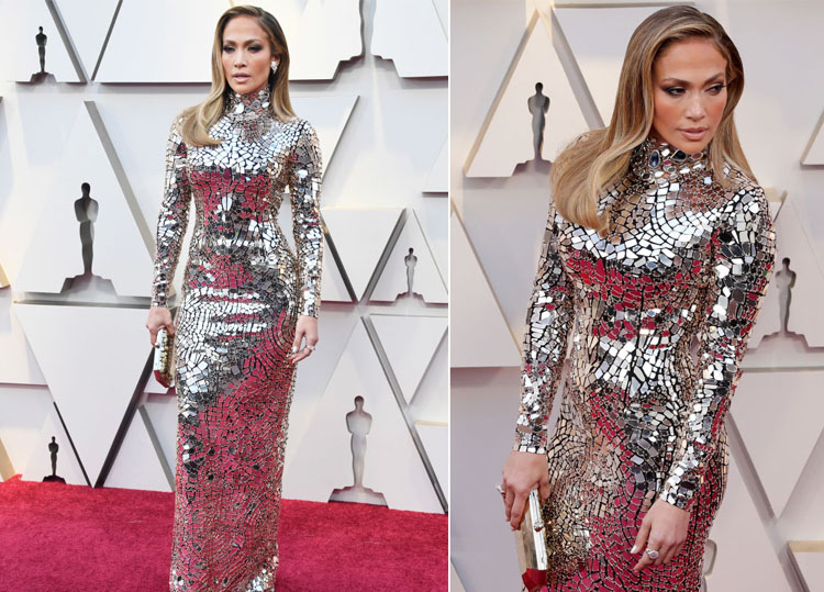 Večerné nosenie Oscarov 2019 Metalické trblietavé šaty s dlhým rukávom Jennifer Lopez Tom Ford