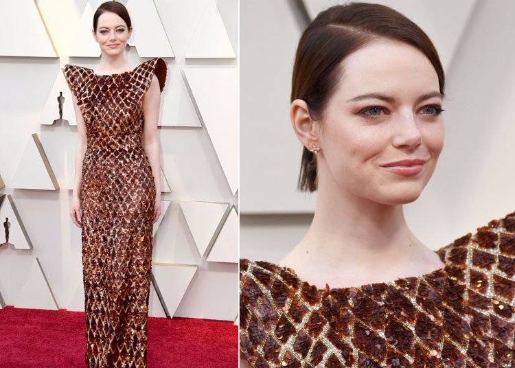 Večerné oblečenie Oscary 2019 šaty geometrický vzor umelá kožušina Emma Stone Louis Vuitton