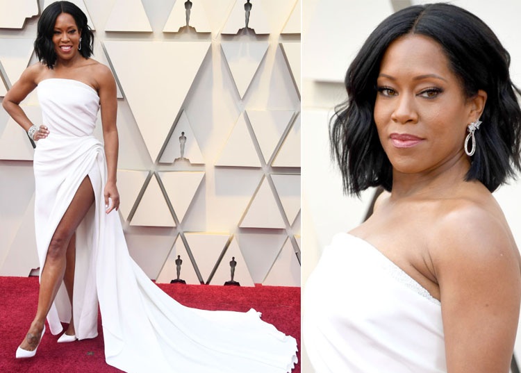 Večerné nosenie Oscarov 2019 Dlhé biele večerné šaty Bočná drážka Regina King Oscar de la Renta