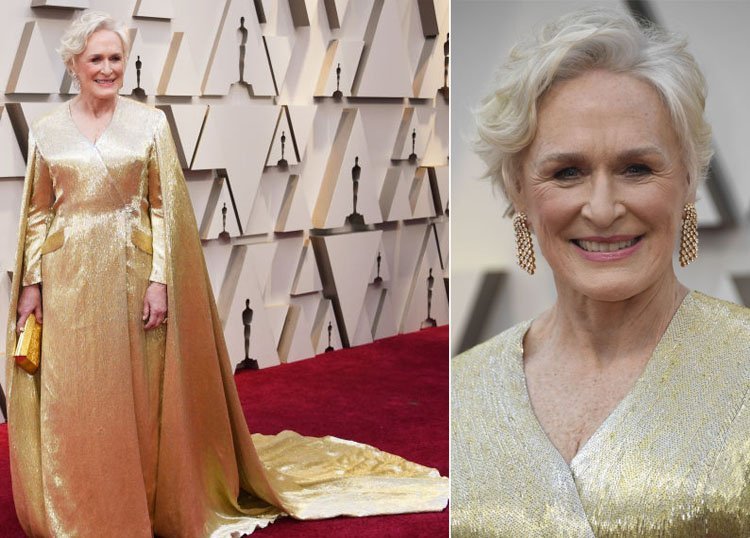 Večerné nosenie Oscarov 2019 Zlatý kovový lesk Glenn Close Carolina Herrera