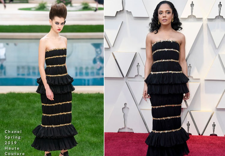 Večerné oblečenie Oscarov 2019 detaily z čierneho zlata Tessa Thompson Chanel