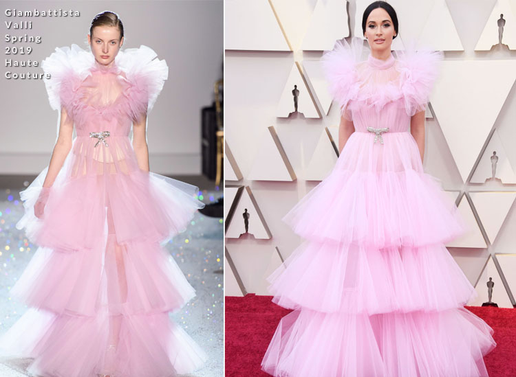 Večerné nosenie Oscarov 2019 ružový tyl na viacerých poschodiach Kacey Musgraves Giambattista Valli