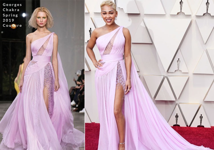 Večerné nosenie Oscarov 2019 Levanduľové večerné šaty Meagan Good Georges Chakra