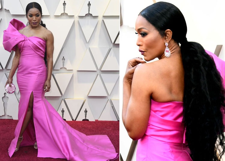 Večerné nosenie Oscarov 2019 ružová dlhá rozparok Angela Bassett Reem Acra