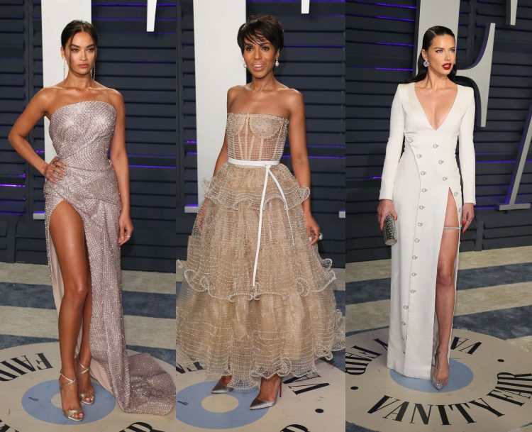 Oscary 2019 najlepšie party outfity, neutrálne nahé nuansy, dlhé večerné šaty modelka Shanina Shaik herečka Kerry Washington model Adriana Lima