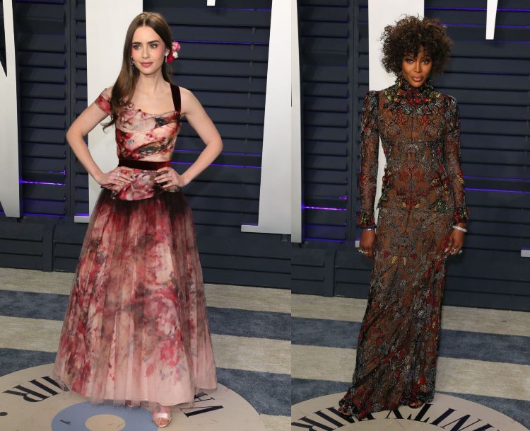 Oscary 2019 Najlepšie párty oblečenie Kvetinový vzor Naomi Campbel Lilly Collins