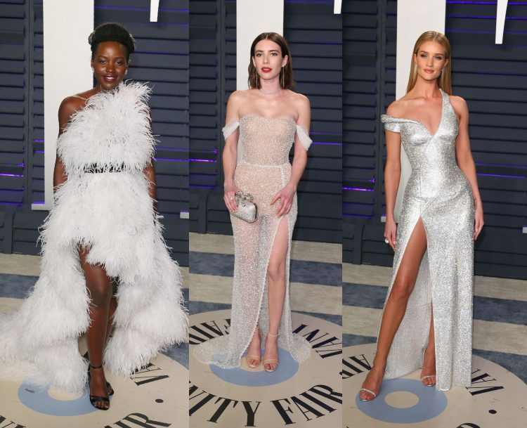 Oscary 2019, všetky biele večerné šaty, dĺžka na zem, rozparok, najlepšie párty šaty, modelka Rosie Huntington Whiteley, Emma Roberts
