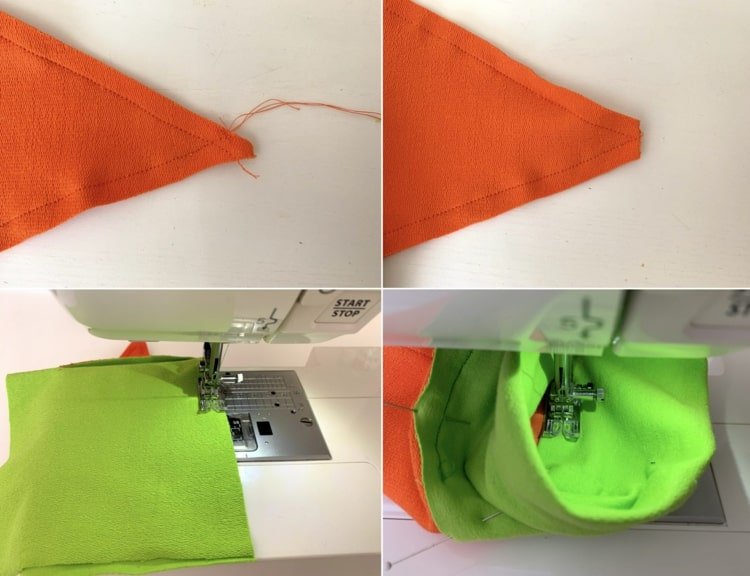 Šiť zelenú a oranžovú látku do mrkvy