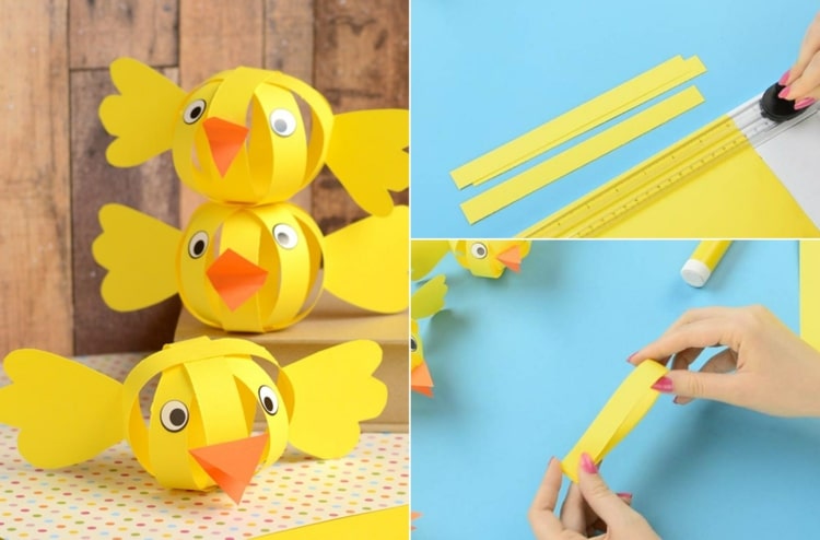 Veľkonočné remeslá na základnej škole s pásmi papiera - malé mláďatá na zavesenie