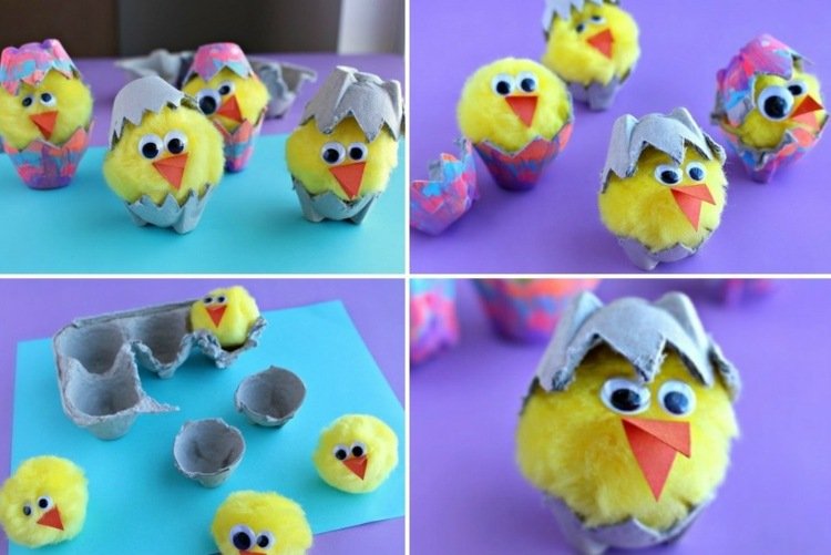 Veľkonočné remeslá-vajíčkové kartóny-liahnutie-sliepky-škrupiny-farbenie