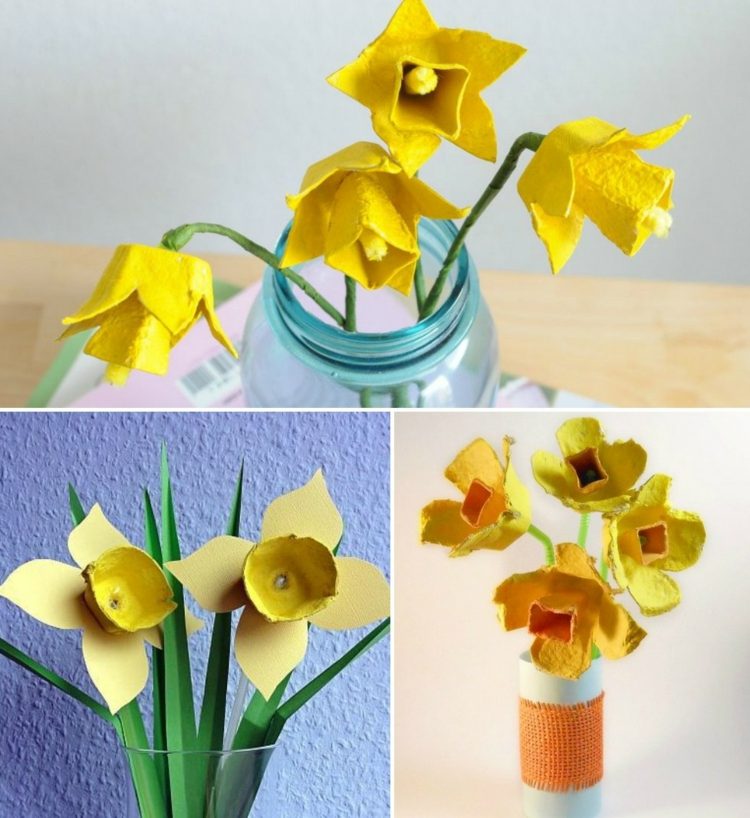 Veľkonočné remeslá-kartóny na vajíčka-jarné kvety-narcisy-veľkonočné zvončeky-kytica