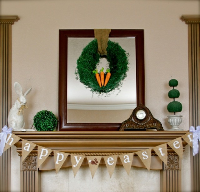 Nápady na dekoráciu krb Veľkonočný zajačik veniec machová girlanda