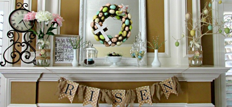 Veľkonočná dekorácia na krbe veniec-nápad-veniec-béžovo-veľkonočná kytica