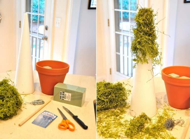 Horúcim lepidlom prilepte umelý mach na kužeľ na stromček ako veľkonočnú ozdobu