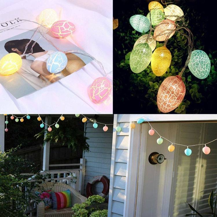 Jednoduchá veľkonočná dekorácia zvonku s plastovými vajíčkami a rozprávkovými svetlami