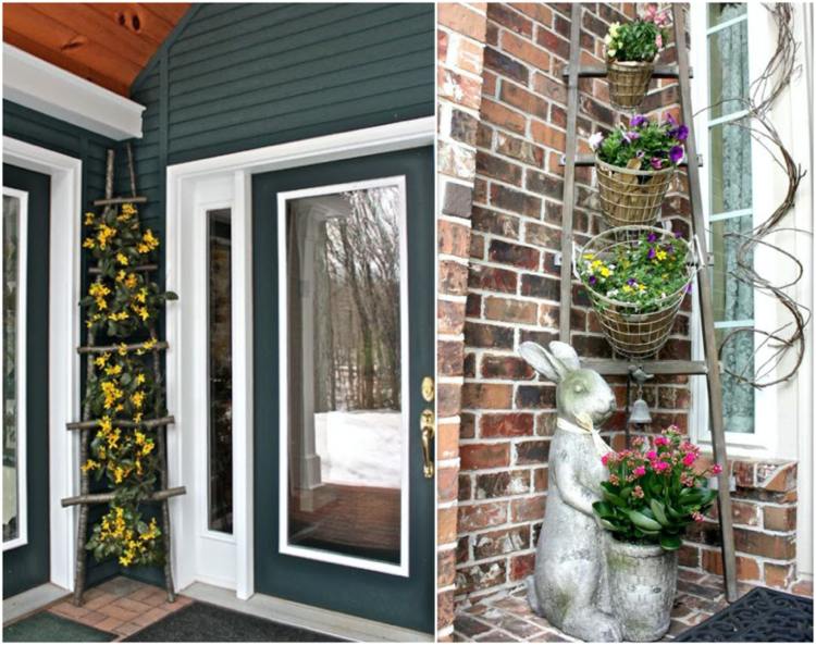 usporiadajte veľkonočný dekoračný rebrík vonku s kvetmi