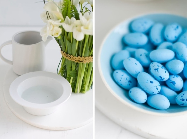 Veľkonočné dekorácie robia z aranžovania kvetov biele tulipány