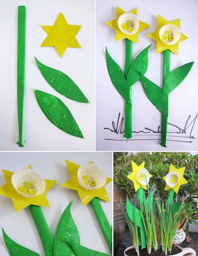 Veľkonočné dekorácie drotári deti papierové narcisy muffinové obaly papierové taniere