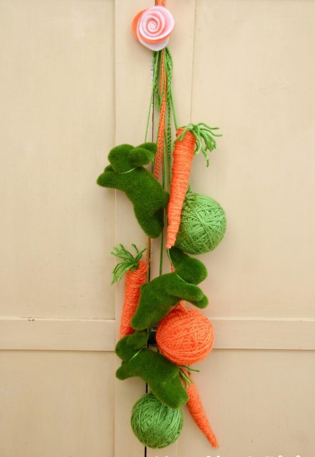 Veľkonočná dekorácia-urob si sám-drotár-nápady-zajace mrkvové guličky priadza oranžová zelená