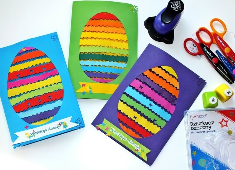 Vyrobte si s deťmi veľkonočné pohľadnice - kraslice s farebnými pásikmi papiera