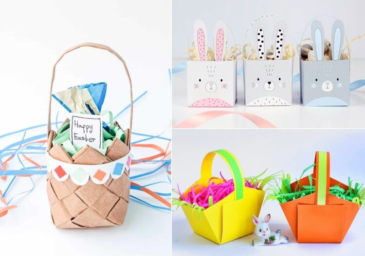 Drobný veľkonočný košík z papiera - nápady so šablónou a na pletenie