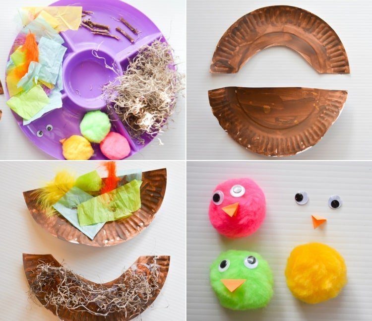 Domáci veľkonočný košík z lepenky a farebných pomponov pre mláďatá