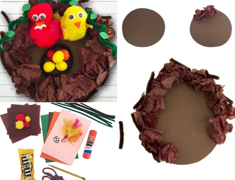 Z papiera, hodvábneho papiera a čističov rúrok urobte kruhy a z pomponov mláďatá