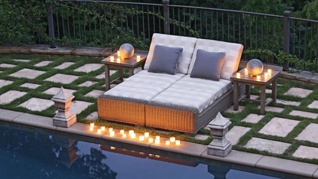 nábytok bazén oblasť sviečky dekorácia ležadlá salónik vonkajší bazén plocha sviečky dekorácia ležadlá salónik