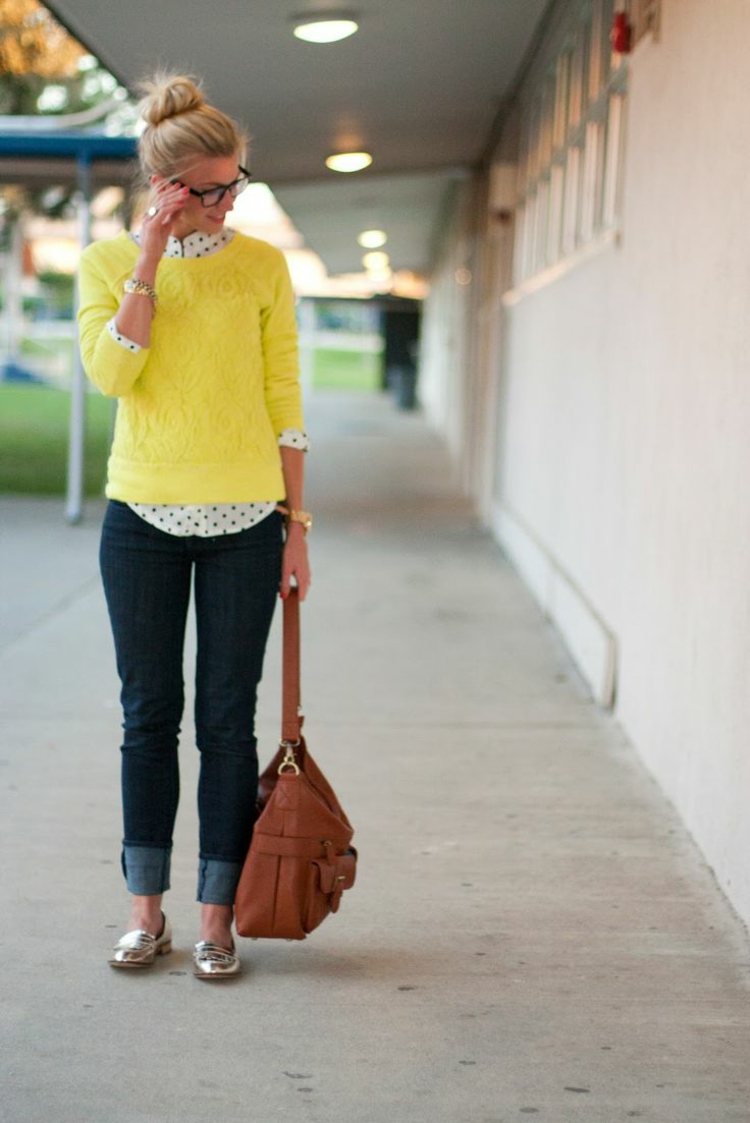 Školský outfit s džínsami a žltým svetrom riflové nohavice sveter žltá blúzka outfity do školy