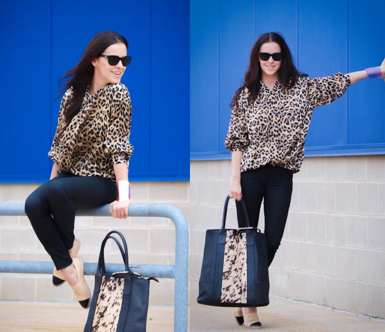 Blúzka s leopardím vzorom Skinny Jeans Espadrilles Kabelkové súpravy