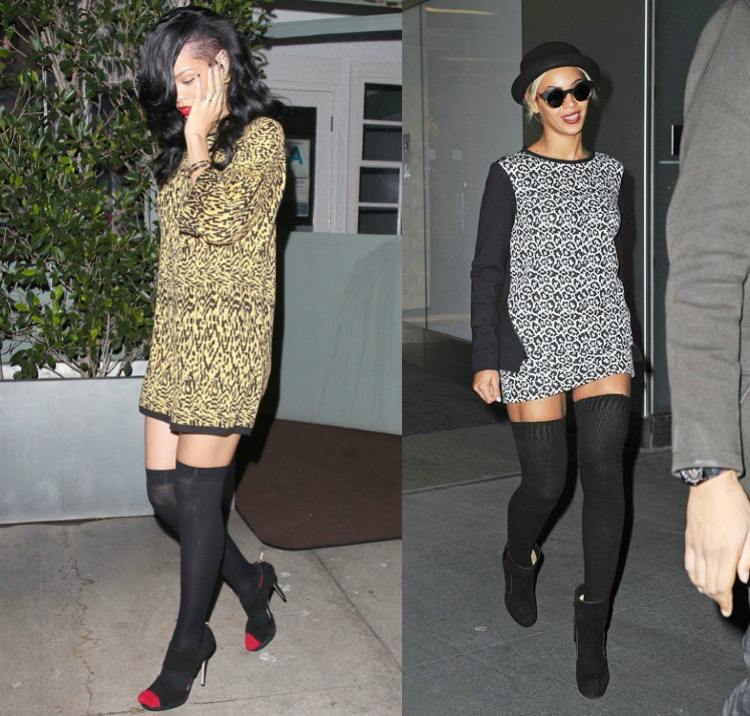 Podkolienky kombinované so šatami so zvieracím vzorom - Rihanna a Beyonce Pančuchy nad kolená -kombinujte-hviezdy-beyonce-rihanna-čierne