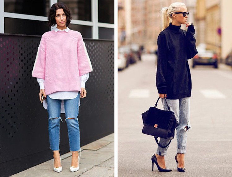 Nadrozmerný sveter v kombinácii s džínsami a vysokými podpätkami