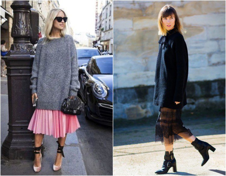 Skombinujte nadmerný sveter s midi sukňou a členkovými topánkami