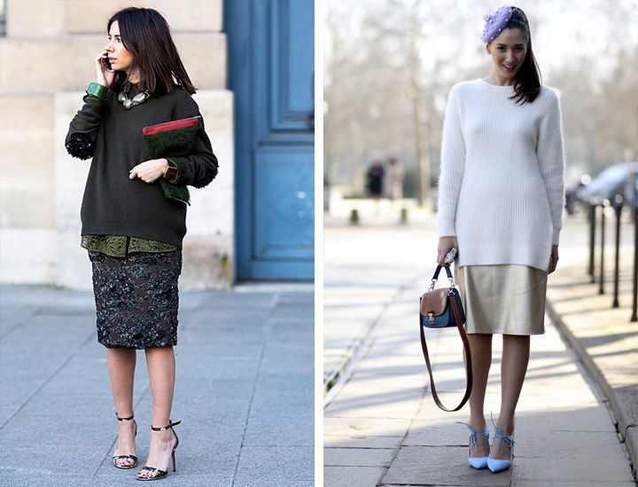 Nadrozmerné svetre s sukňou na ceruzku kombinujú jeseň