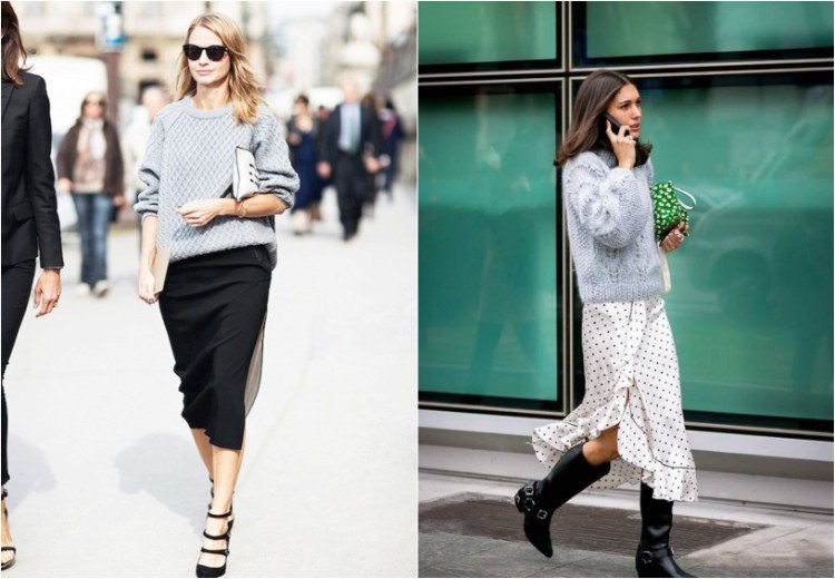 Skombinujte oversize sveter v svetlo šedej a midi sukni