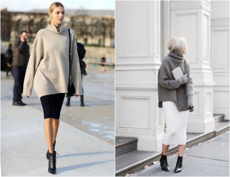 Nadrozmerný sveter a členková obuv sukne obopínajúca postavu