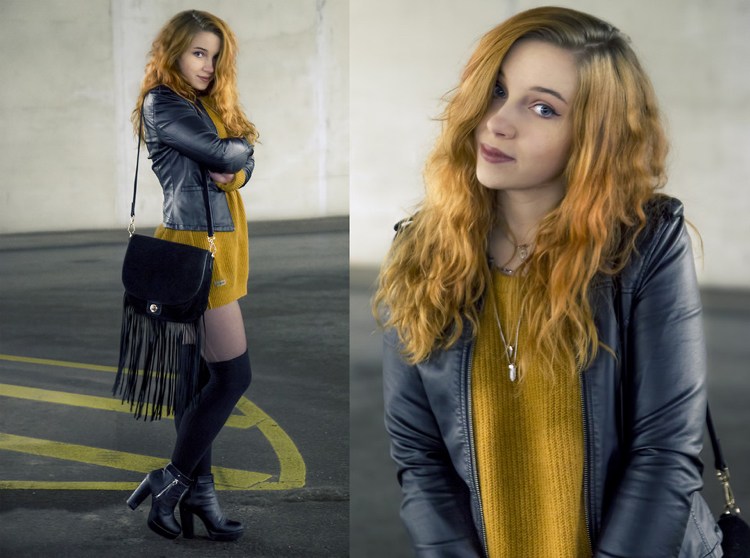 Nadmerný okrový sveter na jeseň s koženou bundou, členkovými topánkami a nadkolienkami