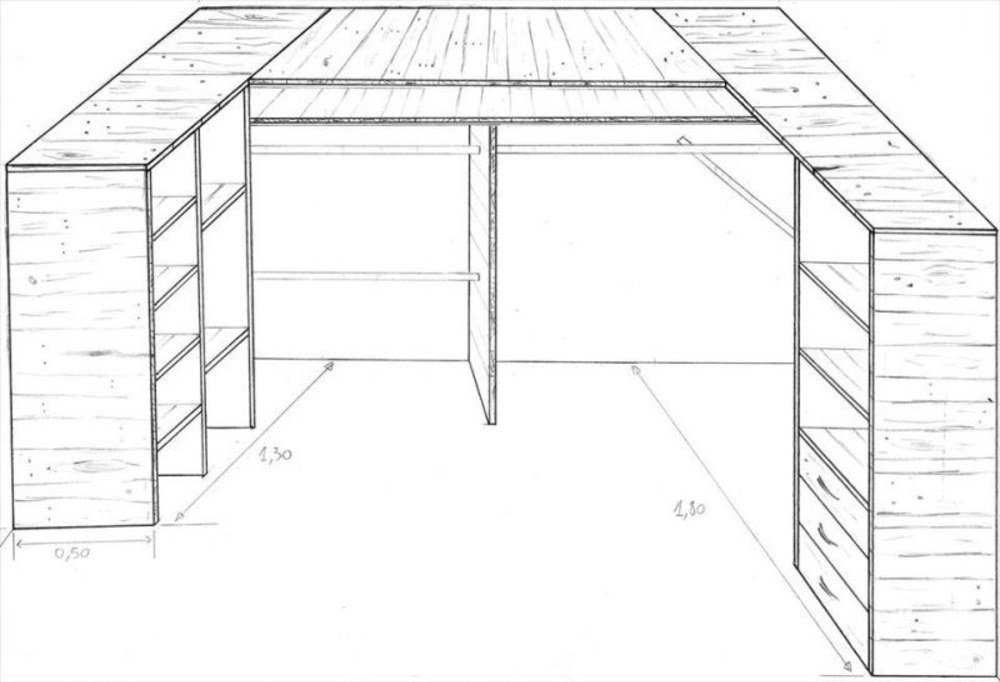 náčrt plánu pre paletovú skriňu na zväčšenie s rozmermi