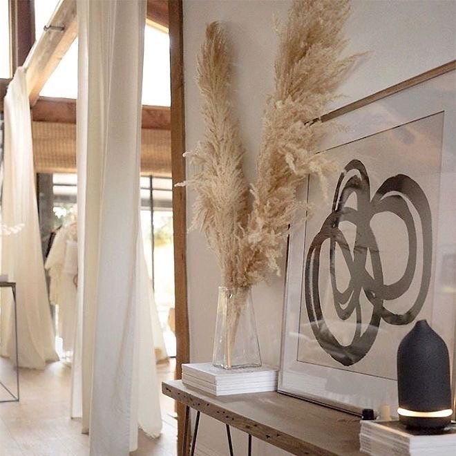 pampová tráva v sklenenej váze na chodbe