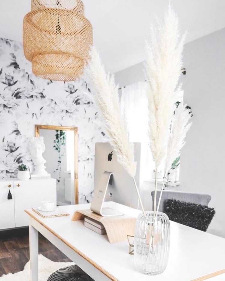 pampová tráva biela v sklenenej váze na stole v domácej kancelárii