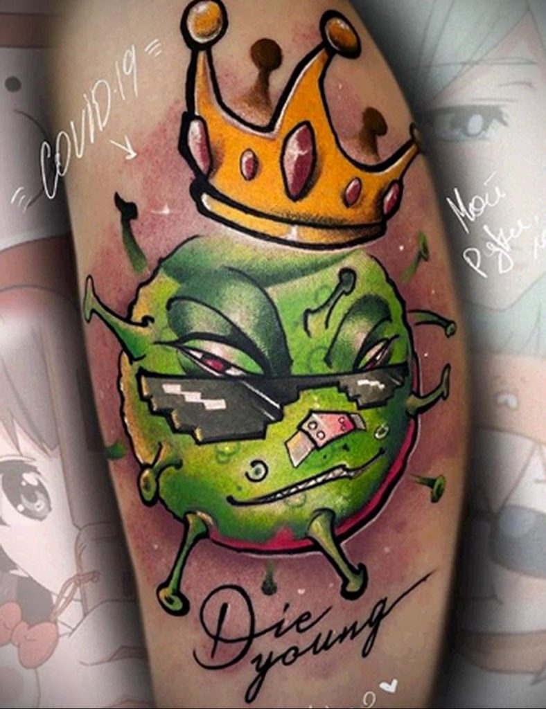 Tetovaža na temu koronavirusa COVID -19 - virus crtanja u boji u koroni