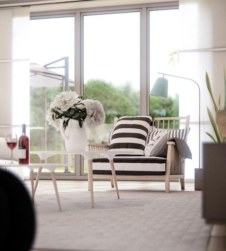 Kreslo s panoramatickým oknom-zvýraznenie-škandinávsky štýl-čítanie-rohový-svetlý