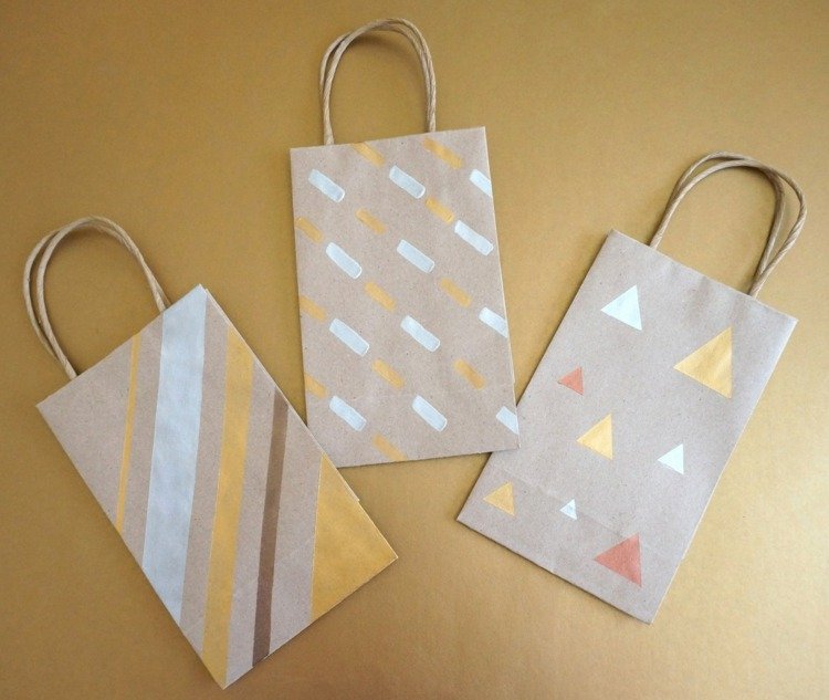 Vyberte si moderné, geometrické motívy pre papierové tašky papierové vrecia-drotár-tote-tašky-farby-akrylové-farby-urob si sám